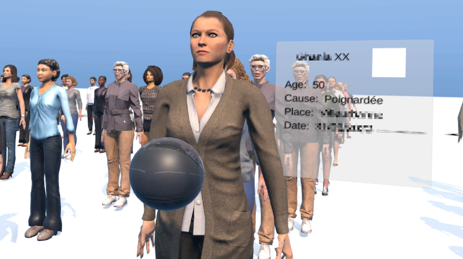 The Feminicide 2022 visualization prototype. The user walks among avatars representing the victims and can read additional information as they approach.