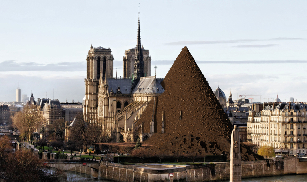A photomontage depicting a quantity of land relating to the production of cell phones used by the inhabitants of Paris, near Notre Dame de Paris.